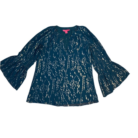 Lilly Pulitzer Matilda Silk Turquoise Metallic Fish Print Fairy Victorian Top XS - Picture 5 of 10